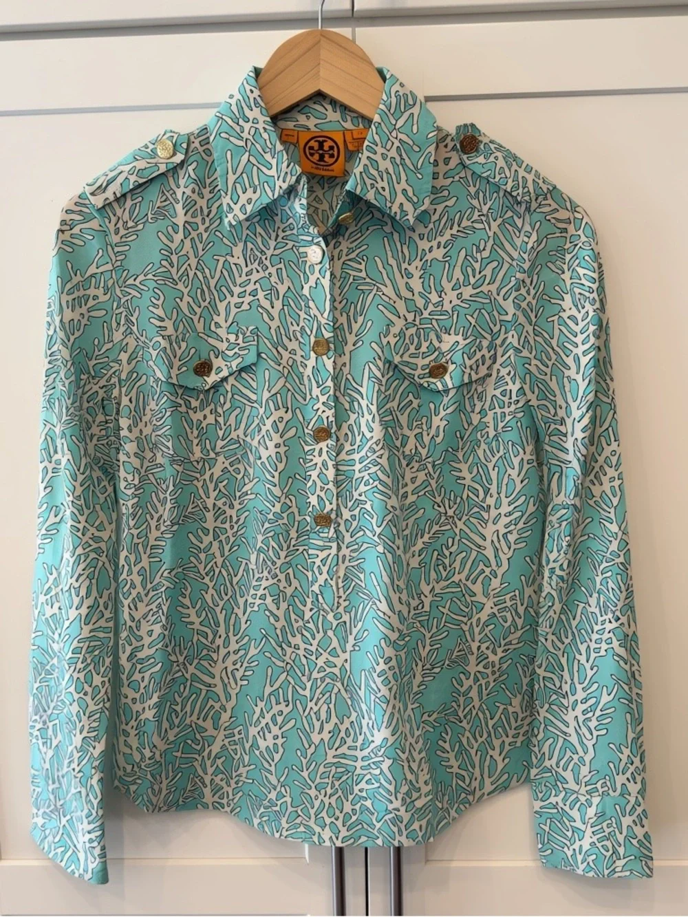 Tory Burch Aqua and White Coral-Print Button Down Utility Shirt Size 2